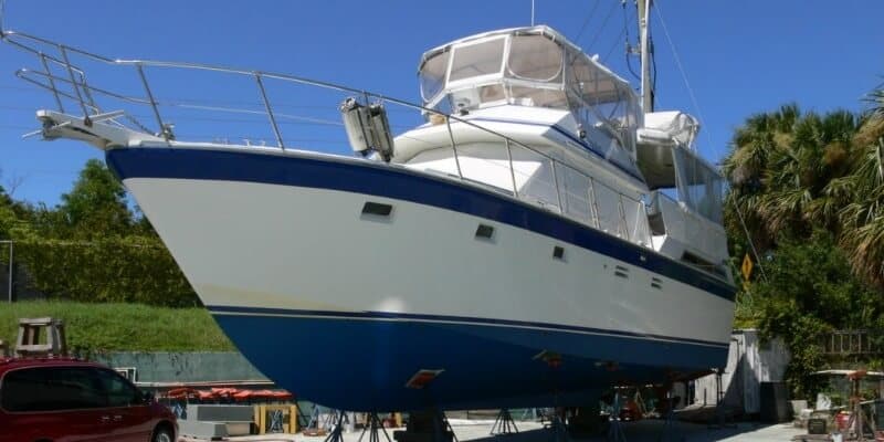 boat insurance inspection taking place out of water in Stuart florida.